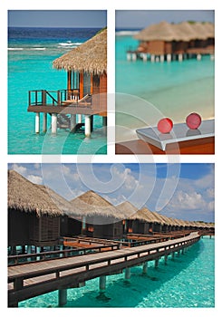 Blue sky turquoise water vacation on Overwater Bungalow on Collage Picture at a tropical resort island, Maldives