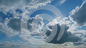 Blue sky under bright sun. Layered stratocumulus clouds dissolve in cloud space. Timelapse.