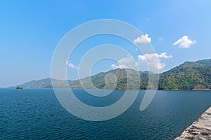 Blue sky view of vajiralongkorn dam at Kanchanaburi, Thailand