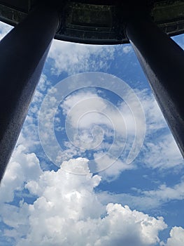 Blue sky and white clouds above the arch of two columns