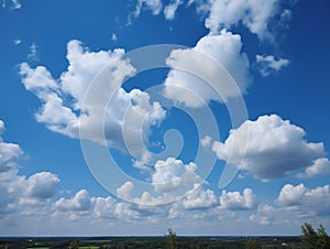 Blue sky with white clouds closeup, natural background photo of nature. Made with Generative AI