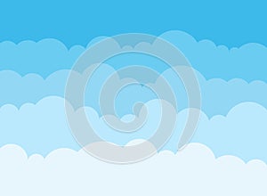 Blue sky with white clouds in flat style. Airy atmosphere vector illustration on isolated background. Nature sign business concept