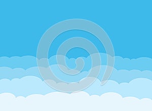 Blue sky with white clouds in flat style. Airy atmosphere vector illustration on isolated background. Nature sign business concept