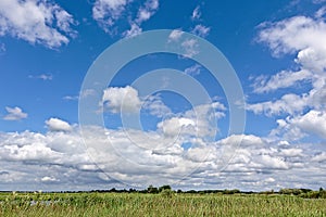 Blue sky with white clouds over a green field