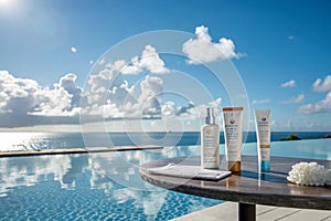 Blue sky and white clouds reflected on water surface