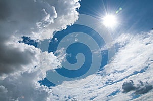 Blue sky with white clouds on a summer day. Fresh air.