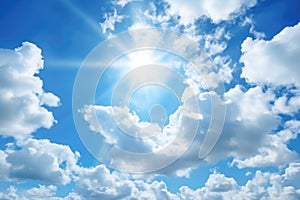 Blue sky with white clouds and sun. Nature background