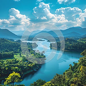 blue sky with white clouds, wide angle view of the landscape of Thailand and an Indian style lake in front of it