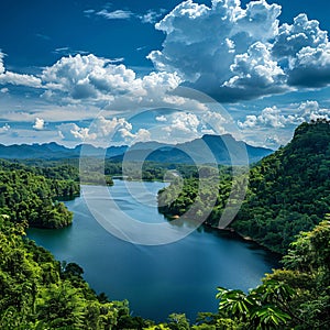 blue sky with white clouds, wide angle view of the landscape of Thailand and an Indian style lake in front of it