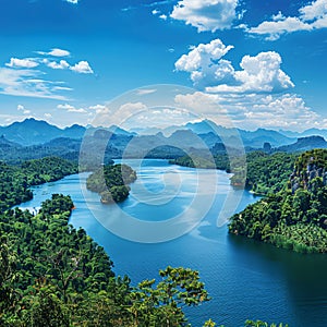 blue sky with white clouds, wide angle view of the landscape of Thailand and an Indian style lake in front of it