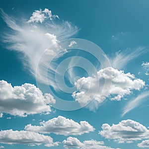 Blue Sky with White Cumulus and Cirrus Clouds