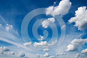 Blue Sky With White Cumulus And Cirrus Clouds In Sunny Day