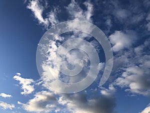 Blue sky and white feathery clouds. Copy space and background