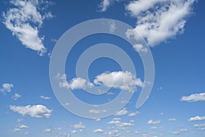 A blue sky with white fluffy clouds. Background, screensaver. Summer. Cloudy. Sunshine