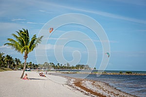 Blue sky with white sand and palm beach in Key West