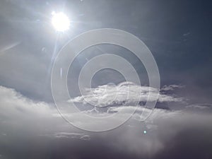 blue sky with white smooth clouds and the big bright sun rays taken from inside an airplane