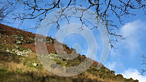 Blue skyies and hill tops with passing clouds