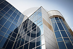 Blue skyscraper. Modern high-rise, reflection texture, facade background. Business center with blue windows.