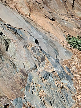 Blue slate outcrop with talus pile of sediments and green generic vegetation