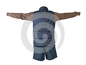 Blue sleeveless jacket, sweater and sports shorts  on white background. clothes for every day