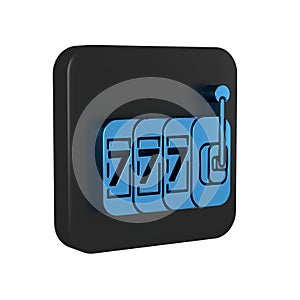 Blue Slot machine with lucky sevens jackpot icon isolated on transparent background. Black square button.