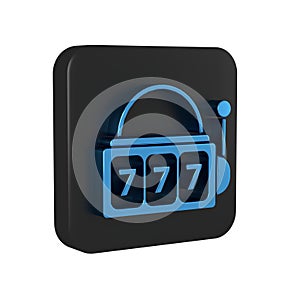 Blue Slot machine with lucky sevens jackpot icon isolated on transparent background. Black square button.