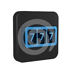 Blue Slot machine with lucky sevens jackpot icon isolated on transparent background. Black square button.