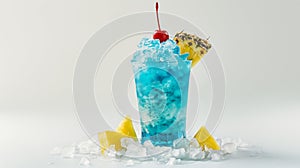 Blue slushie with a cherry on top, pineapple slice, surrounded by crushed ice