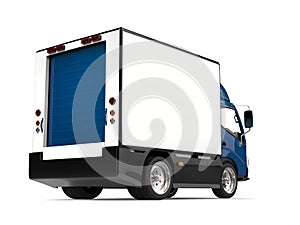 Blue small box truck - rear view