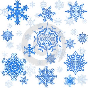 Blue small and large snowflakes collection isolated on white