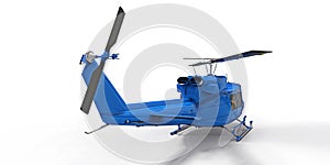 Blue small military transport helicopter on white isolated background. The helicopter rescue service. Air taxi