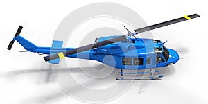 Blue small military transport helicopter on white isolated background. The helicopter rescue service. Air taxi