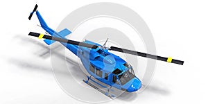 Blue small military transport helicopter on white isolated background. The helicopter rescue service. Air taxi