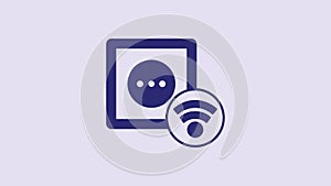 Blue Smart electrical outlet system icon isolated on purple background. Power socket. Internet of things concept with