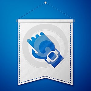Blue Smart watch on hand icon isolated on blue background. Fitness App concept. White pennant template. Vector