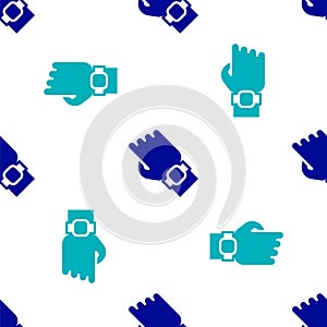 Blue Smart watch on hand icon isolated seamless pattern on white background. Fitness App concept. Vector