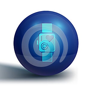 Blue Smart watch showing heart beat rate icon isolated on white background. Fitness App concept. Blue circle button