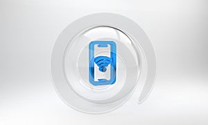 Blue Smartphone with free wi-fi wireless connection icon isolated on grey background. Wireless technology, wi-fi
