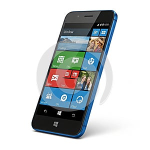Blue Windows Phone with Live Tiles Displaying Photos and Icons on White Background smartphone