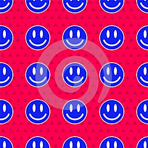 Blue Smile face icon isolated seamless pattern on red background. Smiling emoticon. Happy smiley chat symbol. Vector