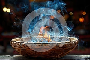 Blue smoke rising from a ceramic bowl with a glowing red coal ember on a dark background