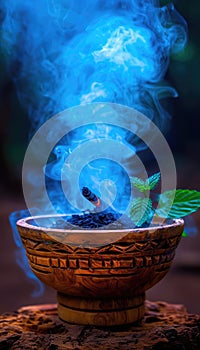 Blue smoke rising from a smoldering incense stick in a wooden bowl on a dark background