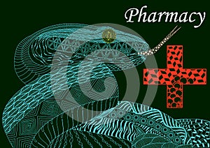 blue snake with a cross in zenart style,pharmacy, color pattern, doodle, different patterns, green background