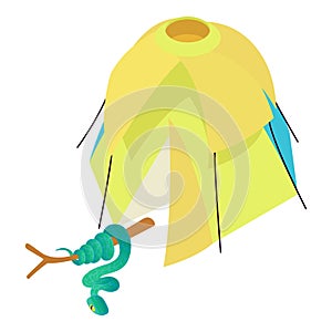 Blue snake icon isometric vector. Insularis snake near open yellow camping tent