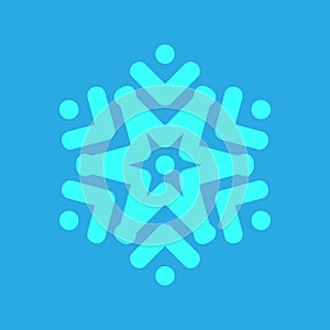 Blue Snowflake icon isolated on blue background. Winter sign, christmas theme. Flat shaped. Symbol snow holiday, cold weather,