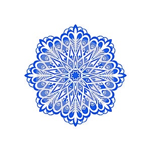 Blue snowflake, symbol of winter. Abstract lace, repeating circular pattern. Flat style. Vector illustration