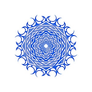 Blue snowflake, symbol of winter. Abstract lace, repeating circular pattern. Flat style. Vector illustration