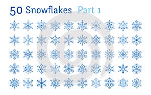 Blue snowflakes collection isolated on white background. Flat line snowing icons bundle, cute snow flakes silhouette
