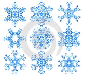 Blue snowflakes over white.
