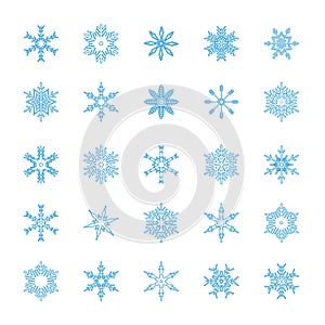 Blue snowflakes set isolated on white background. Snow elements for Happy New Year and Merry Christmas holidays greeting